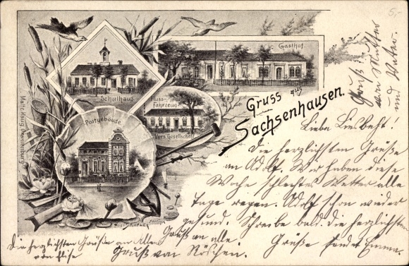 Chromo-Litho Sachsenhausen in Thuringia, school house, inn, river vehicle Vers. Society, post office