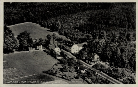 Postcard Juchhöh Tirpersdorf in the Vogtland, aerial photograph, inn