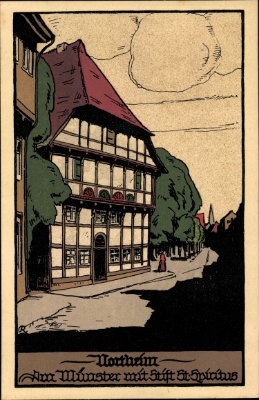 Steindruck ansichtkaart Northeim in Nedersaksen, Am Münster met klooster St. Spiritus