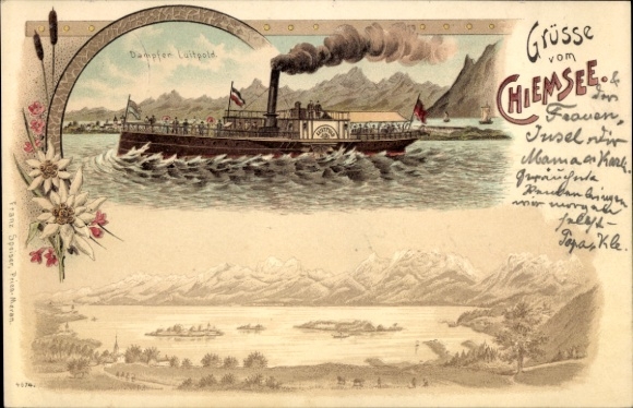Chromo-Litho steamer Luitpold on Lake Chiemsee, panorama