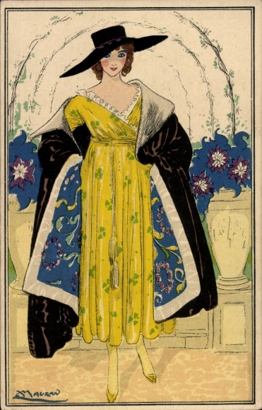 Artist Postcard Mauzan, woman in yellow dress, coat, hat