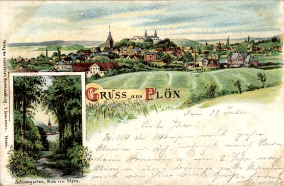 Chromo-Litho Plön am See Holstein, Panorama, Castle Garden, Star