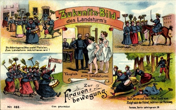 Postcard Women's Movement, Vision of the Future, Landsturm, Bivouac, Field Service, Alarm, Parade March
