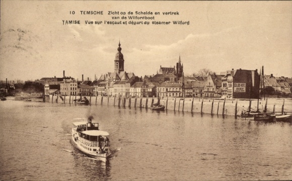 Ak Tamise Temse Temsche Oost-Vlaanderen, zicht op de Schelde, Wilfordboot, stadszicht, schepen