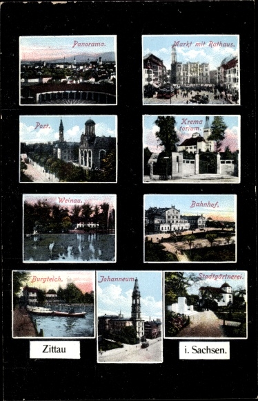 Postcard Zittau in Oberlausitz, panorama, post office, market with town hall, crematorium, train station, Johanneum