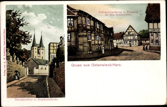 Postcard Osterwieck am Harz, Eulenspiegelhaus, Sonnenklee, Schulzentor, Stephanikirche