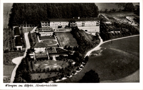 Postcard Wangen im Allgäu, aerial photograph of a facility, fruit trees, gardens, pastures