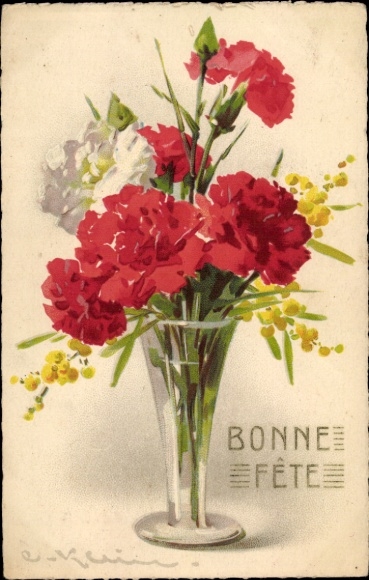 Artist Postcard Klein, Catharina, Bouquet in glass vase, carnations