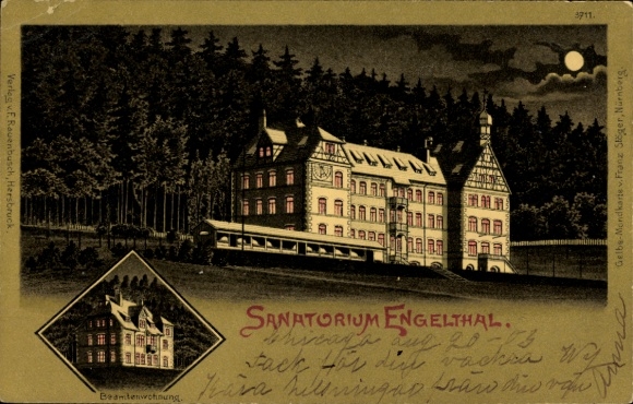 Mondschein Litho Engelthal in Mittelfranken Bayern, Sanatorium bei Nacht