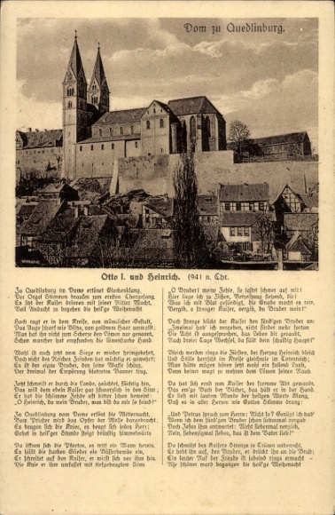 Ansichtkaart Quedlinburg in het Harzgebergte, Dom van Otto I, Heinrich, afbeelding, tekst in oud schrift