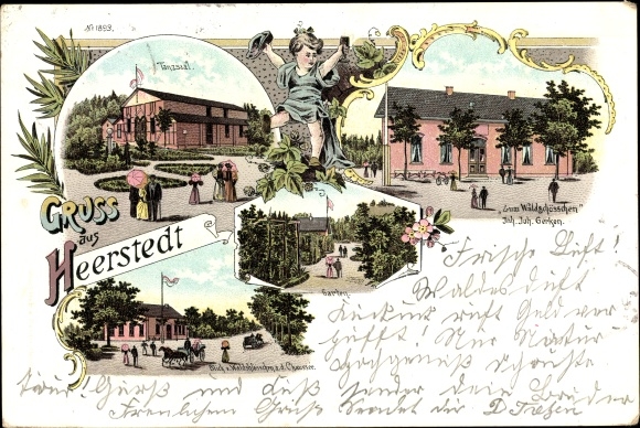 Litho Heerstedt Beverstedt in Niedersachsen, Zum Wadschlösschen, Garten, Tanzsaal, Chaussee