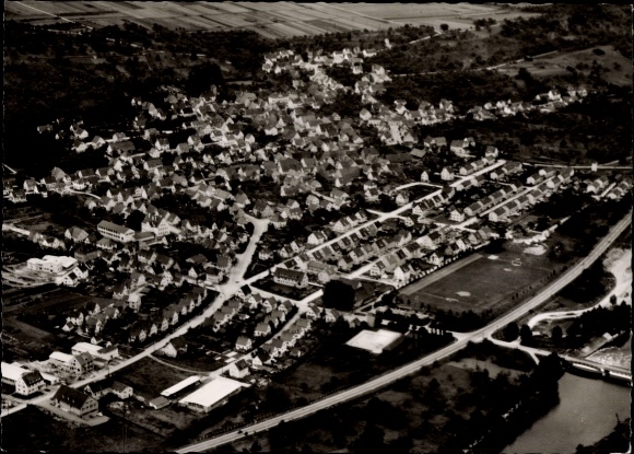 Postcard Deizisau am Neckar, aerial view of many residential buildings, streets, sports field