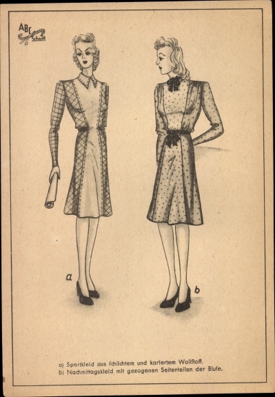 Postcard women&#39;s fashion, pattern ABC cut, sports dress, afternoon dress with pulled side panels