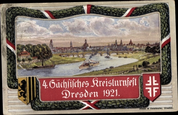 Coat of arms artist PC Dresden, 4th Saxon district gymnastics festival 1921, city view from the small forest castle