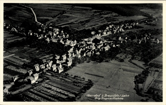 Postcard Oberndorf (near Braunfels) Solms Hesse, aerial view of Oberndorf, houses, fields, trees