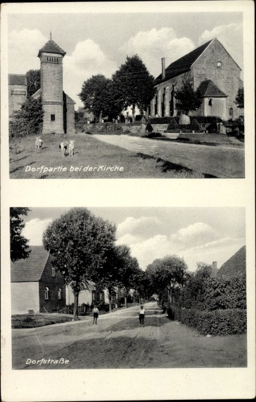 Postcard Hohen Viechel in Mecklenburg, village party, church, village street
