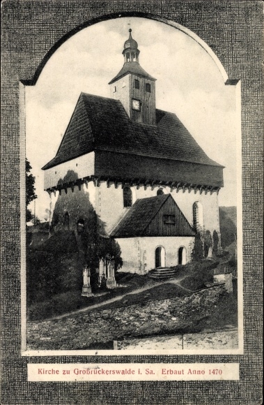 Ak Großrückerswalde in het Ertsgebergte, kerk met torenklok, gebouwd in 1470