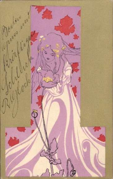 Art Nouveau-kunstenaar Ak Kirchner, Raphael, portret van een vrouw, klaprozen