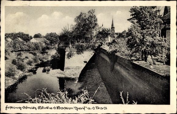 Postcard Dömitz on the Elbe, fortress, bastion griffin in front of the city