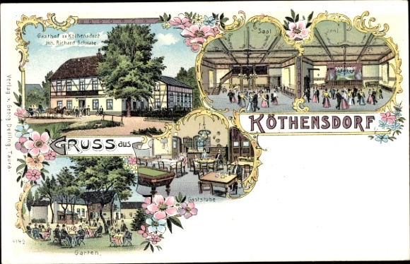 Litho Köthensdorf Taura Sachsen, Gasthof, Saal, Garten, Billardtisch