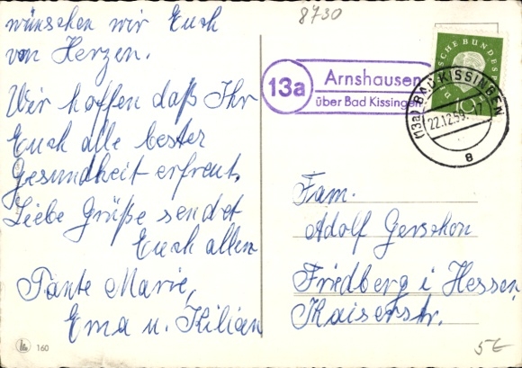 Krajowy stempel pocztowy (13a) Arnshausen Bad Kissingen Dolna Frankonia Bawaria na pocztówce, 22.12.59