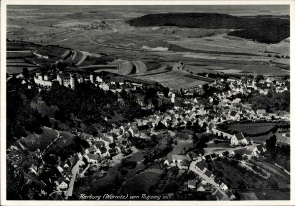 Postcard Harburg an der Wörnitz Swabia, aerial view of Harburg, meadows, fields, buildings, castle ruins
