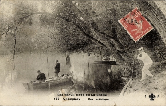 Ak Champigny sur Marne Val de Marne, Angelnde Männer im Boot, malerische Landschaft, ruhiger Flus