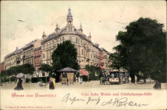 Postcard Hamburg Eimsbüttel, corner of Hohe Weide and Schäferkamps Allee, tram