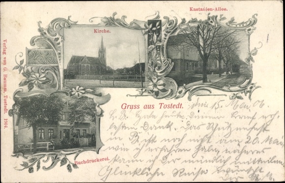 Postcard Tostedt in Lower Saxony, church, Kastanienallee, book printing