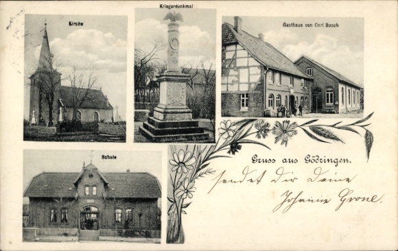 Postcard Götreiben Sarstedt Lower Saxony, church, war memorial, Busch inn, school