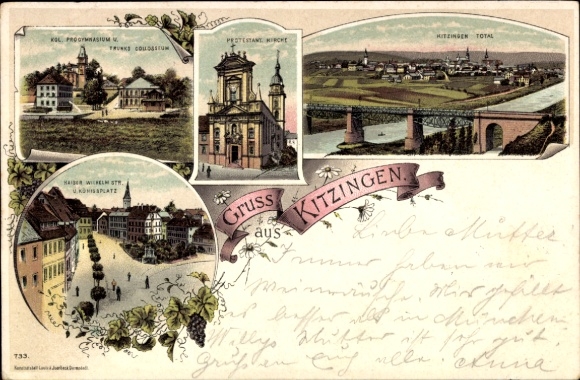 Chromo-Litho Kitzingen, Panorama, Protestant Church, Kaiser Wilhelm Street, Königsplatz, Progymnasium