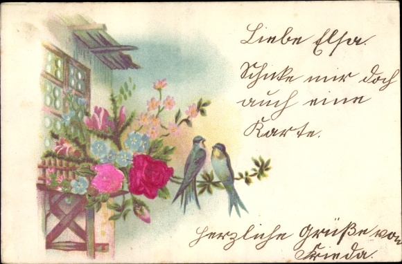 Embossing Fabric Postcard Two swallows on a branch, roses, bouquet of flowers, house