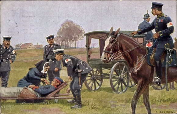 Kunstenaarskaart Becker, Carl, Rode Kruis, hospik, gewonde soldaat op een brancard