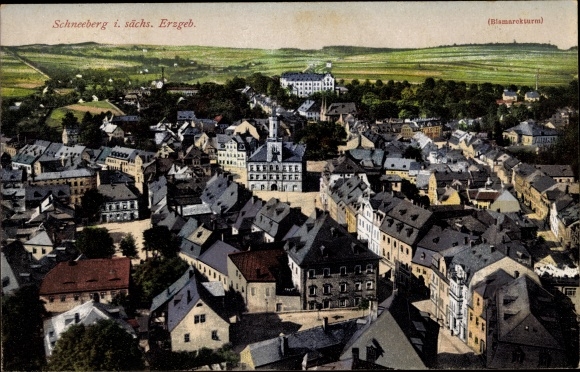 Postcard Schneeberg in the Ore Mountains, partial bird&#39;s eye view, Bismarck Tower