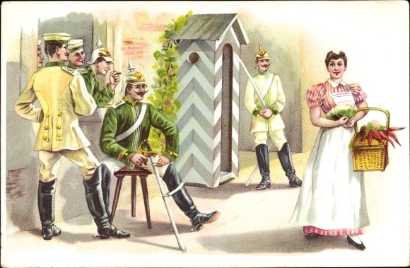 Artist Postcard Soldiers look after a woman, maids