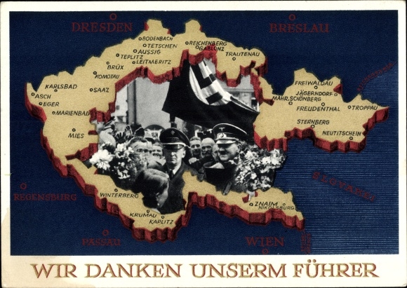Postal stationery maps PC We thank our leader, Sudetenland, Bohemia, Moravia, Sudeten, Hitler