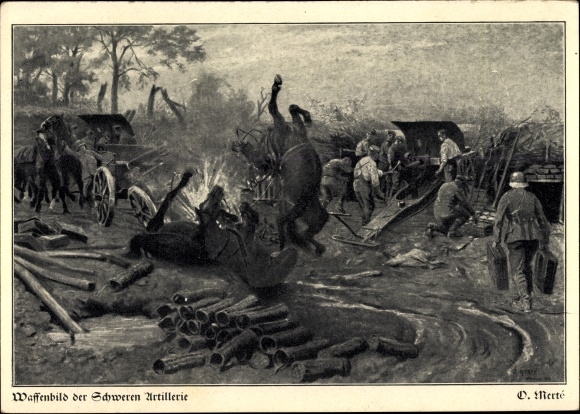 Artist Postcard Merte, O., Heavy artillery weapon picture, battlefield