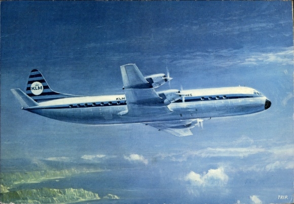 Postcard Dutch passenger aircraft, KLM, Lockheed Prop Jet Electra II