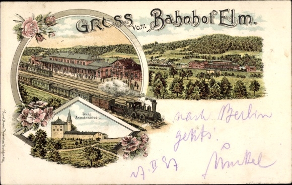 Chromo-Litho Elm Schluechtern in Hesse, train station, track side, steam locomotive, Brandenstein Castle