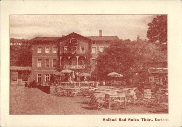 Ak Bad Sulza in Thüringen, Kurhotel, Solbad, Terrasse, Stühle, Schatten, Balkone