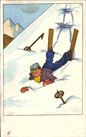 Künstler Ak Ejo, Skiläufer, Sturz in den Schnee
