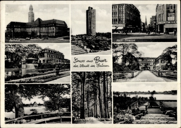 Postcard Buer Gelsenkirchen in the Ruhr area, Berge Castle, Town Hall, Memorial, Hochstraße, Berge Castle,