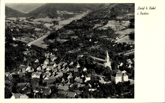 Postcard Lauf in Baden Black Forest, aerial view of Lauf, church in the foreground, rural surroundings, m