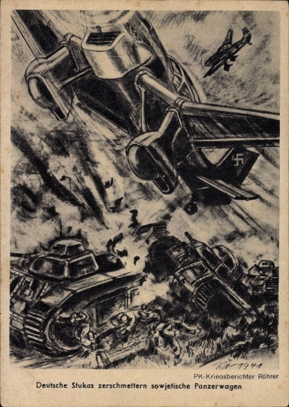 Künstler Ak Deutsche Stukas zerschmettern sowjetische Panzerwagen, Junkers Ju 87 B, Luftwaffe