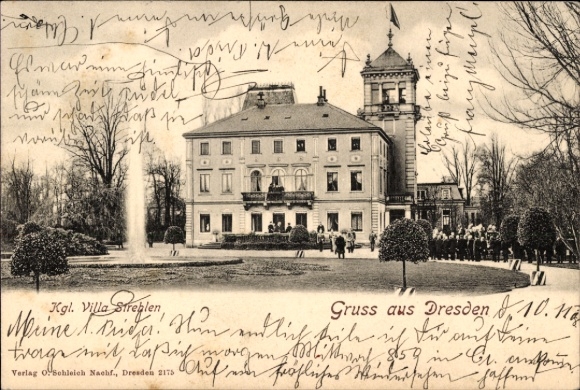 Postcard Dresden Strehlen, Royal Villa, water fountain