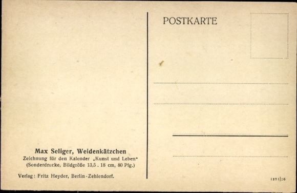 Artist Postcard Seliger, M., pussy willow, flower vase
