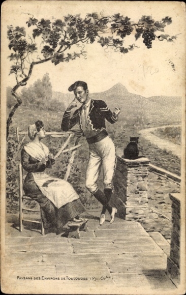 Postcard Toulouges Pyrénées Orientales, lovers, French costume, cat