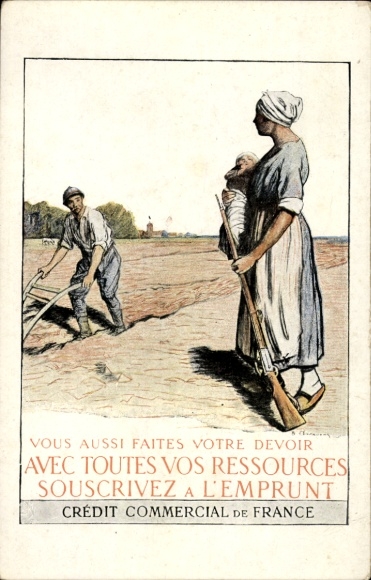 Postcard farmers, agricultural work, field, rifle, advertising, Credit Commercial de France