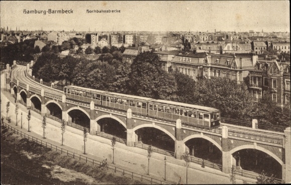 Postcard Hamburg Nord Barmbek, elevated railway line, elevated railway in motion
