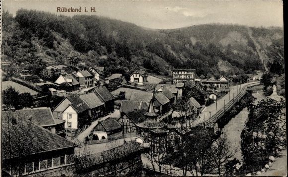 Postcard Rübeland Oberharz am Brocken, panoramic view of Rübeland, hills, houses, railway, nature